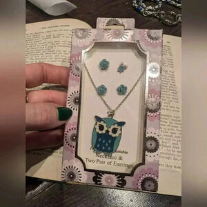 Blue  owl necklace and earring set